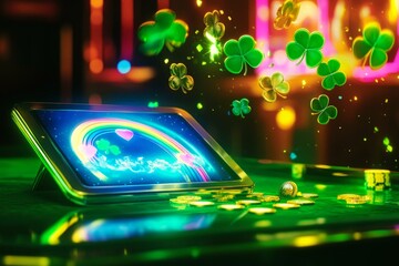 Fototapeta premium St. Patrick's day casino luck: digital win with clovers and rainbow fortune on tablet
