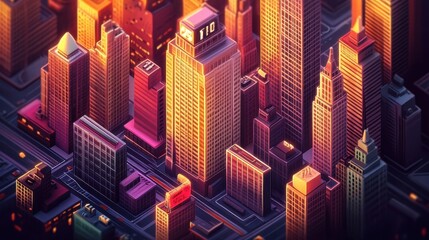Obraz premium An isometric view shows a stylized modern cityscape at sunset