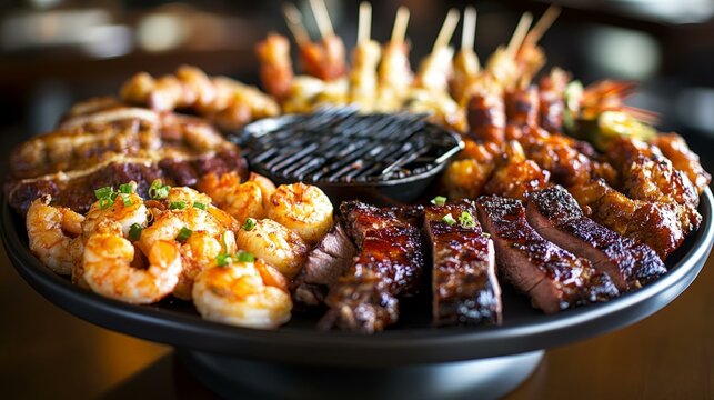  Delicious Hawaiian pu pu platter with variety of traditional grilled meats and seafood in vibrant presentation
