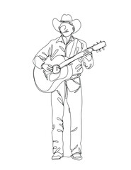 a man playing guitar ,cowboy style, line drawing, vector illustration