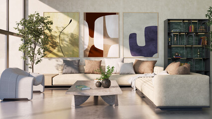 Large luxury modern bright interiors Living room mockup illustration 3D rendering image