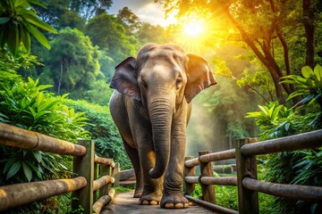 Fototapeta premium Majestic Asian Elephant Behind Wooden Fence in Lush Zoo Habitat