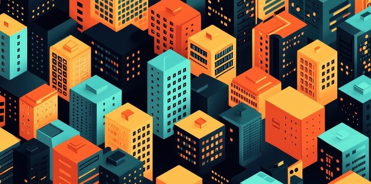 Colorful isometric block buildings form an abstract city skyline