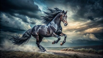 Majestic Black Friesian Horse Galloping in Dramatic Landscape