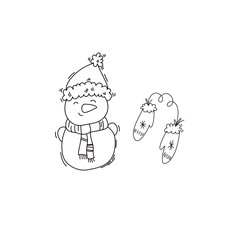 Cute hand-drawn winter illustration featuring a smiling snowman in a hat and scarf alongside cozy mittens. Perfect for Christmas, holiday cards, coloring pages, and festive decorations.