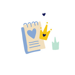 Hand-drawn illustration of a spiral notebook with a heart symbol, a crown, and abstract shapes. Designed in a soft pastel color palette with a playful doodle aesthetic. 