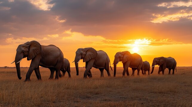 A herd of elephants walking through a savanna under a setting sun - Powered by Adobe
