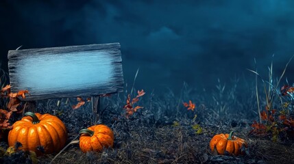 Halloween Pumpkins Blank Wood Sign Dark Night 