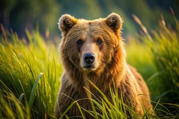 Fototapeta premium Majestic Brown Bear in Tall Grass - Macro Photography Stock Image