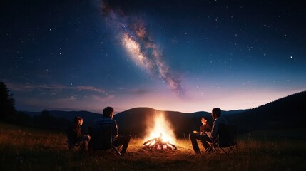 A group of campers sitting around a bonfire, telling stories under a starry sky