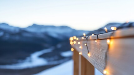 Twinkling lights decorate a wooden railing while the sun sets, casting a warm glow over the snow-covered mountain range