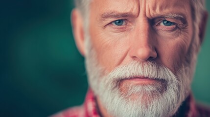 An elderly man with a well-groomed beard and striking blue eyes gazes intensely. He stands outdoors, creating a serious yet contemplative mood