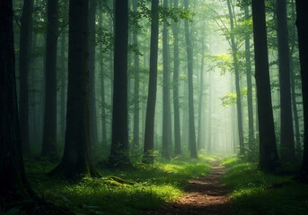 Obraz premium Mystical Forest Path: Soft light filters through ancient trees creating a serene atmosphere. AI Generated