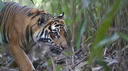 Fototapeta premium A majestic tiger stealthily walking through the tall green vegetation