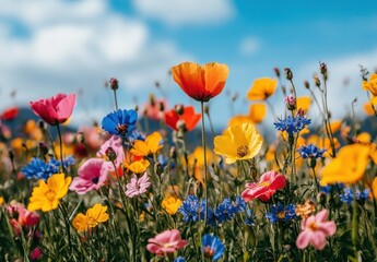 Obraz premium Vibrant Colorful Flowers in a Sunlit Meadow Under Clear Blue Skies with Fluffy White Clouds