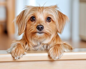 Adorable Small Dog with Fluffy Fur Curiously Leaning on Wooden Surface in Bright Room