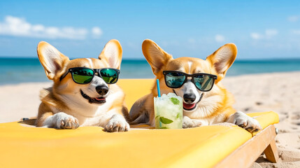 Two corgi dogs relax together on yellow sun loungers on the ocean shore, wearing sunglasses and holding cool cocktails. Enjoying a tropical holiday on sandy beach, blue skies and a resort atmosphere.