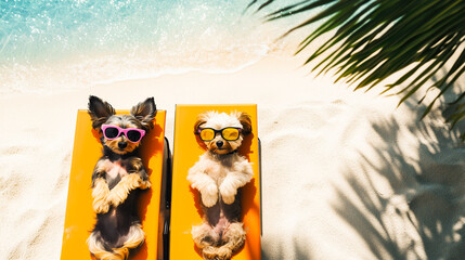 Two cute dogs of the Yorkshire terrier and maltipoo breed in sunglasses resting on a yellow sun lounger on the beach against the backdrop of the ocean. Summer vacation atmosphere in tropical places.