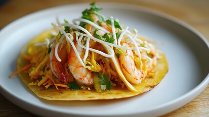 A modern Vietnamese banh xeo, a crispy savory pancake filled with shrimp and bean sprouts, styled with vibrant, contrasting colors --ar 16:9 --v 6.1 Job ID: f162878a-b7d1-4e5f-a9e1-69408c7e97c3