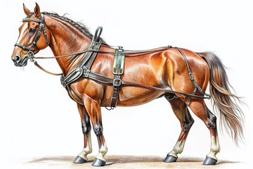 Majestic Harnessed Purebred Horse Hand Drawing - Right Side Copy Space Stock Photo