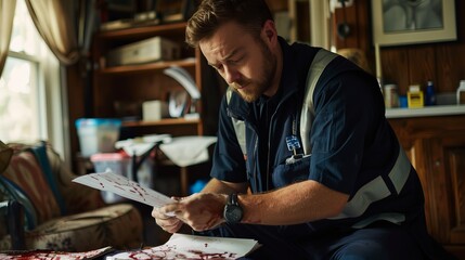 Fototapeta premium A focused Caucasian male in a work uniform examines documents stained with red in a cluttered indoor workspace.