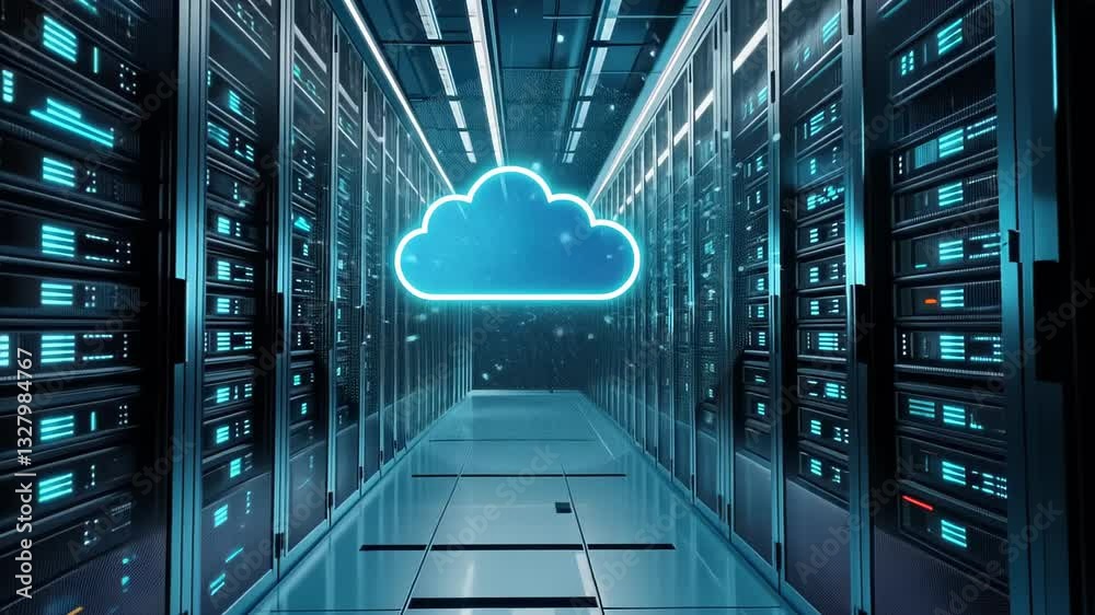 Poster cloud computing innovation illuminates modern server environment in sleek data center generative ai
