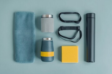 Flat Lay of Sport Equipment and Accessories on Soft Blue Background