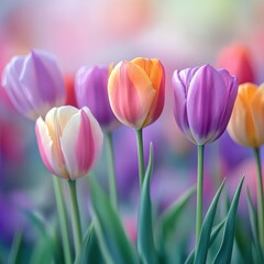 Fototapeta premium Vibrant Display of Colorful Tulips in a Lush Garden Setting with a Soft Focus Background and Delicate Petals Catching the Light in Springtime