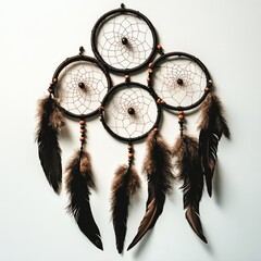 Dreamcatcher, wall hanging, three circles, brown feathers