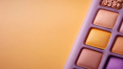 Fototapeta premium Shimmering eyeshadow palette features bright yellow, orange, and purple shades arranged in a grid, ideal for makeup enthusiasts