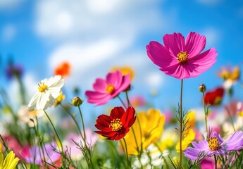Obraz premium Vibrant Field of Colorful Cosmos Flowers with Blue Skies and Soft Clouds in the Background on a Sunny Day in Spring