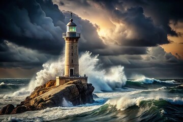 Obraz premium Majestic Lighthouse on Dramatic Ocean Coastline - Stunning Seascape Stock Photo