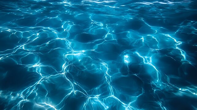 Luminous turquoise water surface with rippling light patterns and caustic effects creating abstract network of bright lines against dark blue depths.