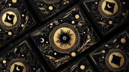 Elegant black and gold tarot deck with mystical symbols and celestial motifs in whimsigothic design style