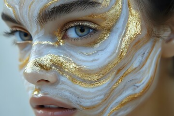 Naklejka premium Close up portrait of young woman with white and gold luxury creative makeup, marble swirl pattern on face with golden glitter and metallic elements.