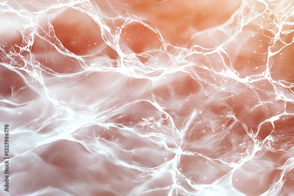 Poster abstract network of glowing white neural connections on soft pink background, representing artificia