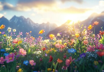 Obraz premium Vibrant Field of Colorful Wildflowers Against Majestic Mountain Landscape Bathed in Golden Sunrise Light