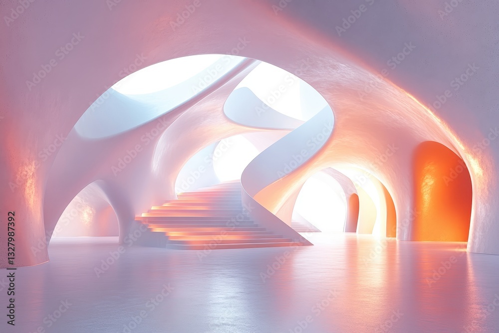 Poster Modern architectural interior featuring fluid forms and soft colors in a spacious luminous setting