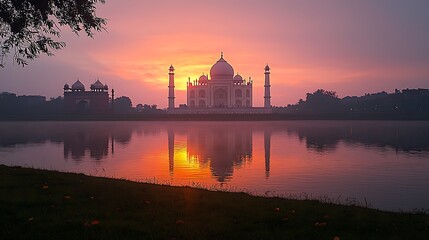 Fototapeta premium Taj Mahal Sunset Reflection Stunning India Landscape Photo