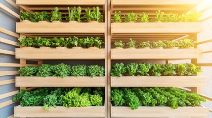 Obraz premium Fresh herbs and greens growing in wooden planters, lit by sunlight