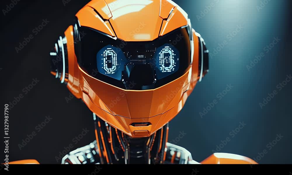 Poster close-up of futuristic orange robot head, featuring advanced technology and glowing displays