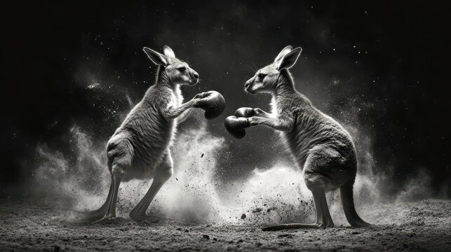 Two kangaroos in boxing gloves are fighting in a dark scene