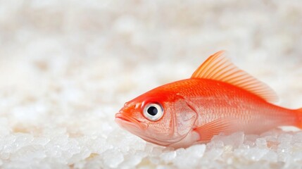 Obraz premium A bright goldfish lies on a bed of salt, showcasing its vivid orange coloration and a distinct eye, reflecting natural marine beauty