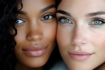 Fototapeta premium Close up portrait of two diverse young women with natural makeup, one African American with curly hair and one Caucasian, showcasing friendship and beauty diversity.