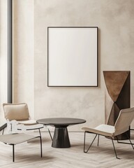 Minimalist beige room with chairs, table, and blank frame.