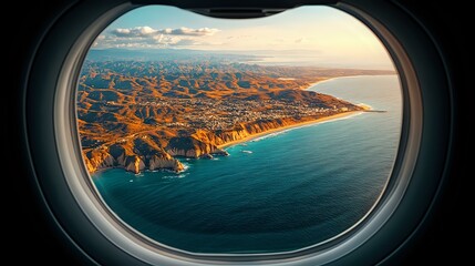 Naklejka premium Aerial coastal landscape view through airplane window, dramatic cliffs meeting turquoise ocean waters at sunset, mountainous shoreline with golden light illuminating rugged terrain.