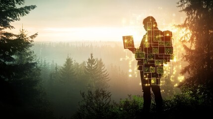 Hiker analyzes data on tablet, forest, sunrise, digital overlay