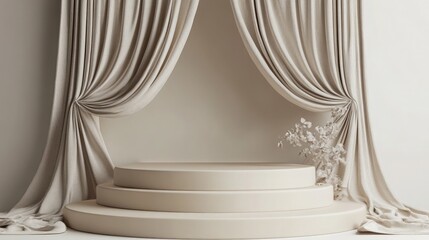 elegant neutral-toned stage accented by flowing fabric curtains and delicate floral arrangement creating a sophisticated and inviting atmosphere