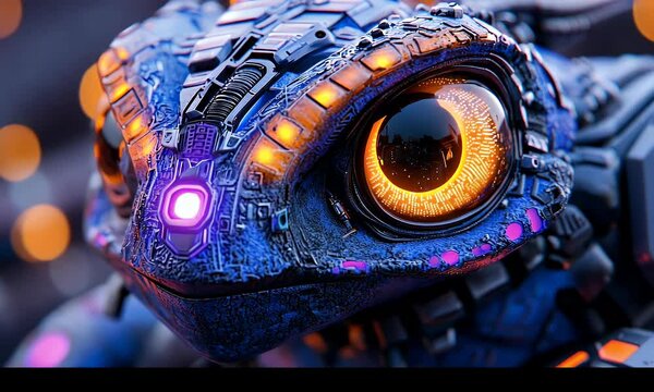 Close-up of a futuristic, robotic lizard head, featuring intricate details, glowing lights, and vibrant colors