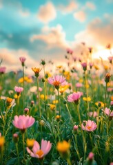 Fototapeta premium Vibrant Field of Wildflowers Under a Colorful Sky at Sunset with Pink and Yellow Blooms in Focus Capturing the Beauty of Nature and Springtime